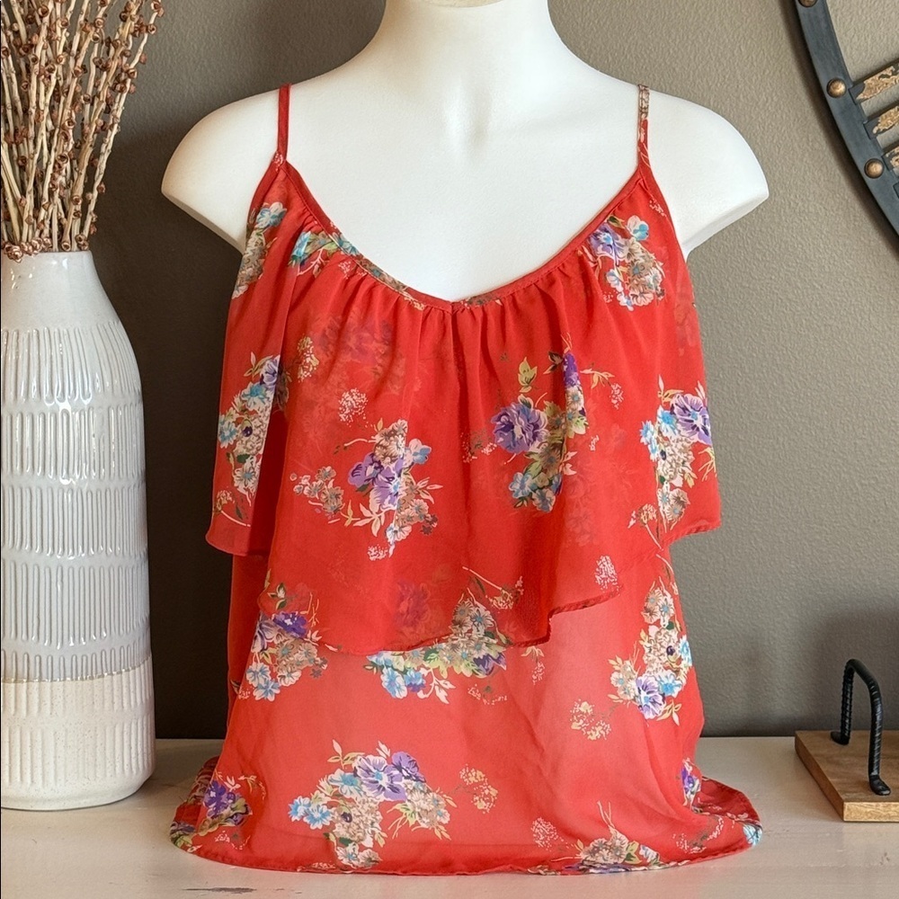 FOREVER 21 Orange Print Tiered Flounce Top Size Large Y2K Peasant Boho